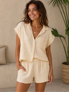 KIWI + PUNCH Miami Gauze Set | Cream Cotton Lounge Co-ord | Relaxed Resort Chic
